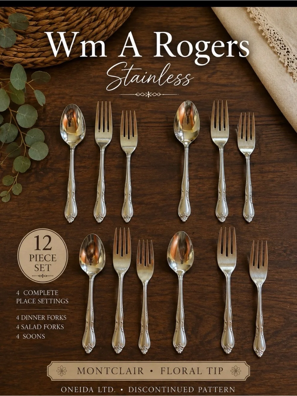 Wm A Rogers Oneida Montclair Stainless Flatware 12 Pc Floral Tip Set
